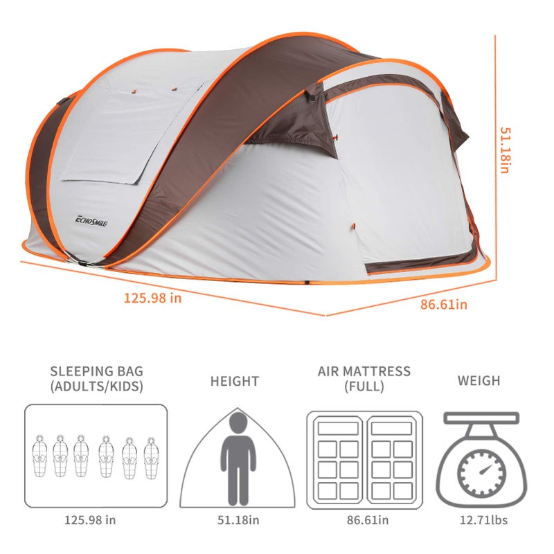 EchoSmile Instant Pop Up Camping Tent, 2/4/6 Person, Easy Setup Tent, Water Resistant Dome, Portable with Carry Bag - Image 4